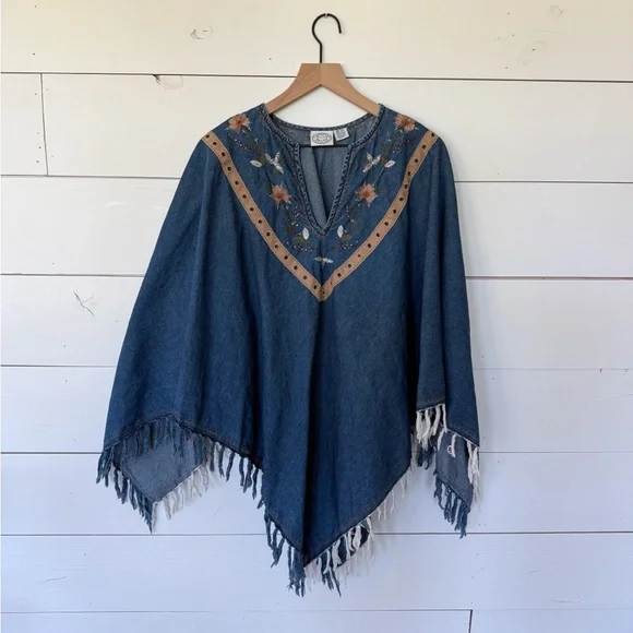 Embroidered Denim Poncho with Fringe - Picture 1 of 4